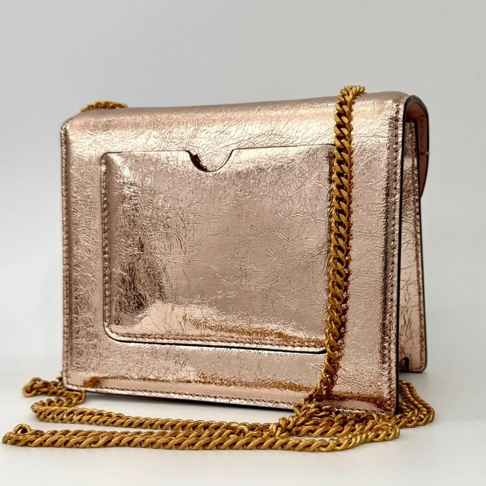Oscar de la Renta Tro Rose Gold Metallic Crinkle Leather Mini Chain Shoulder Bag